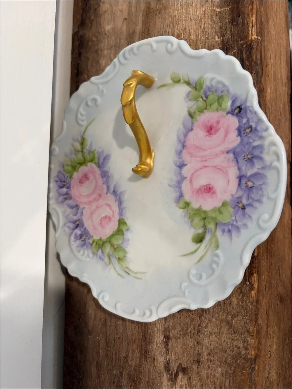 Floral Hand-Painted Porcelain Lemon Plate with Gold Handle